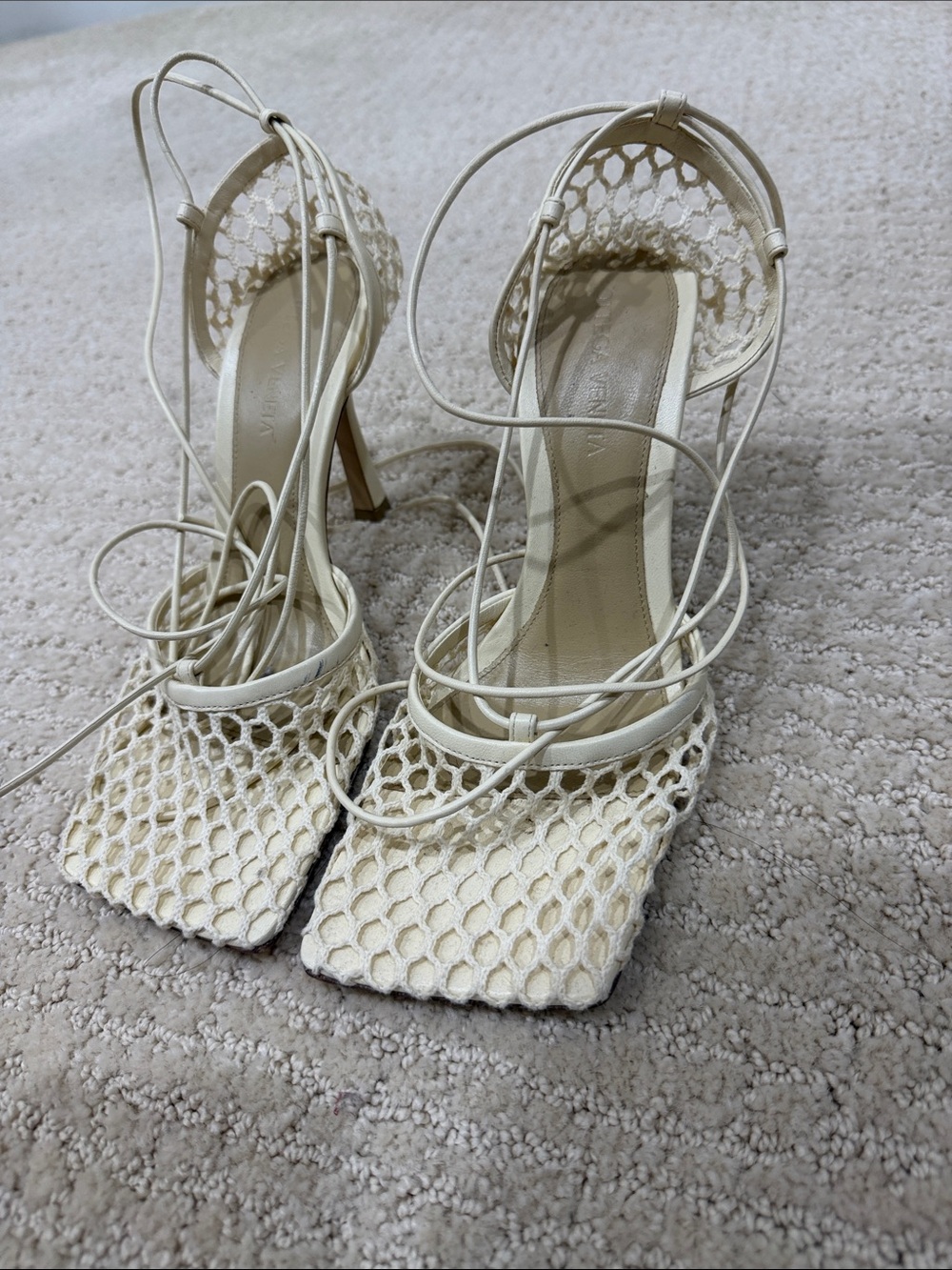 Bottega Ivory Lace-Up Mesh High Heel Sandals
